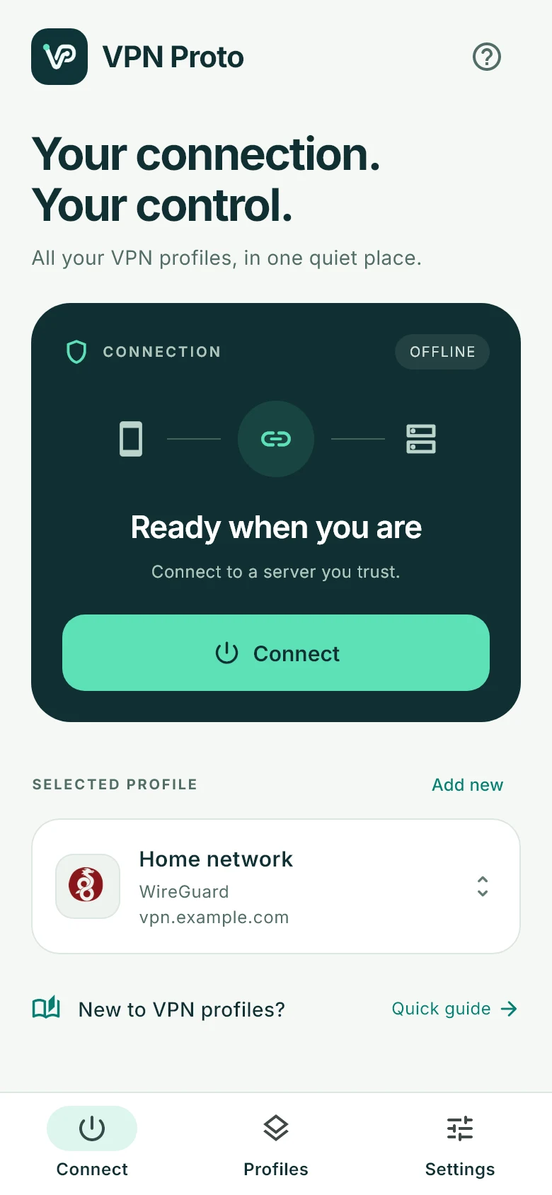 VPN Proto Connect screen with a Home network WireGuard profile, clear connection status, and Connect button